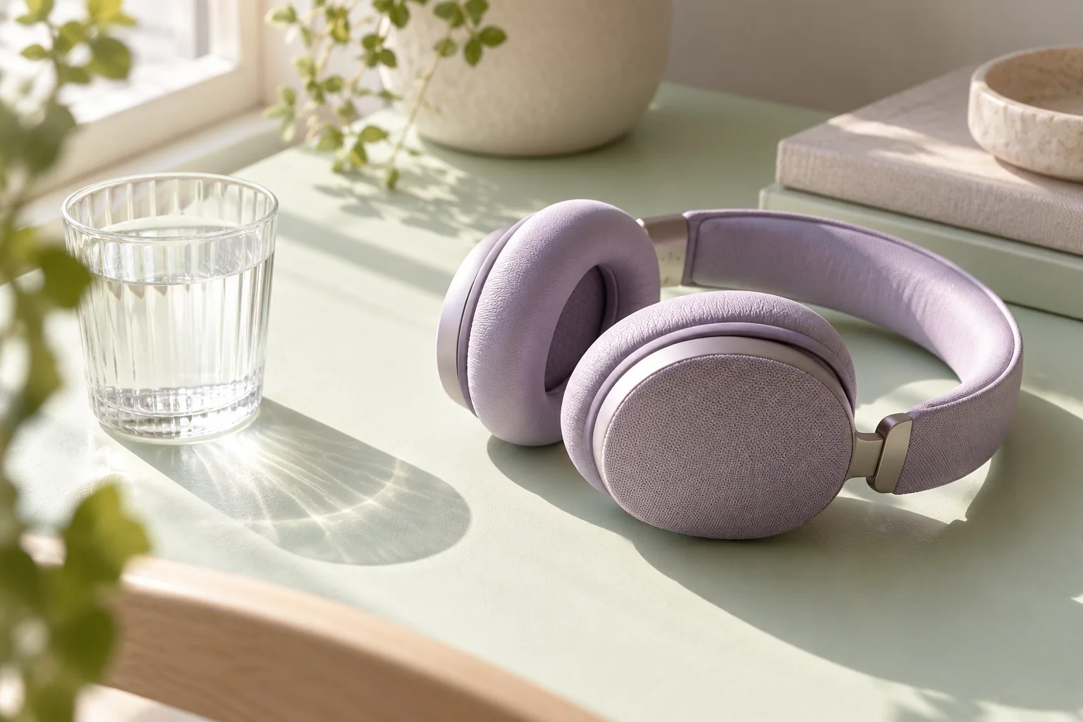 Lilac headphones and a glass of water on a sunlit mint desk