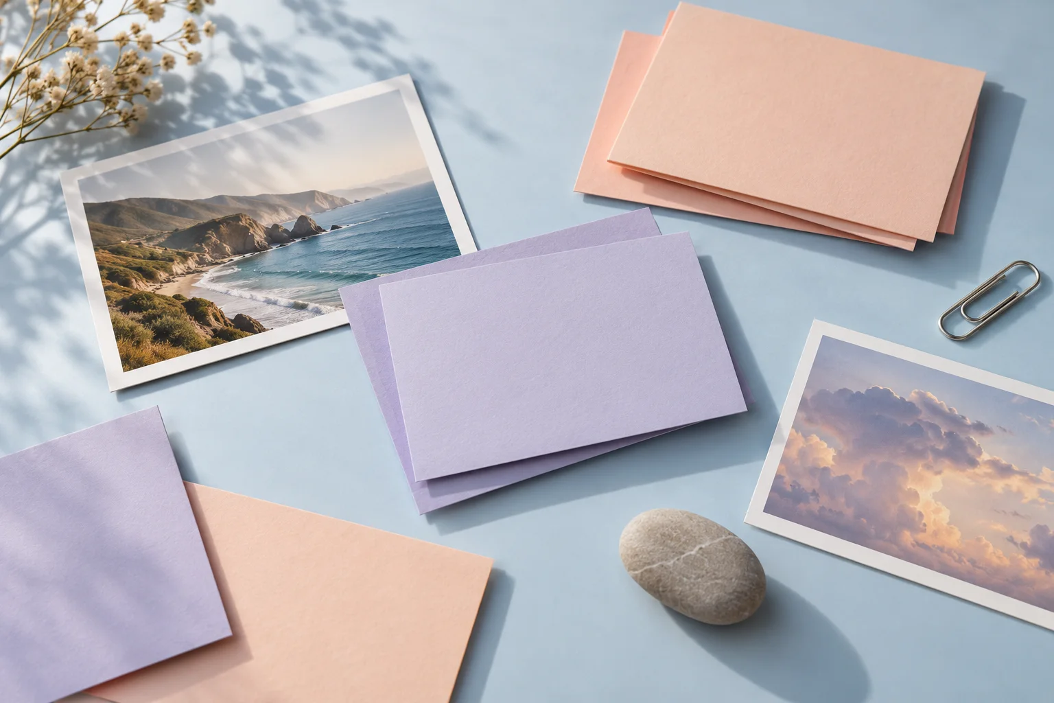 Pastel note cards, coastal photographs and a pebble arranged on a blue table