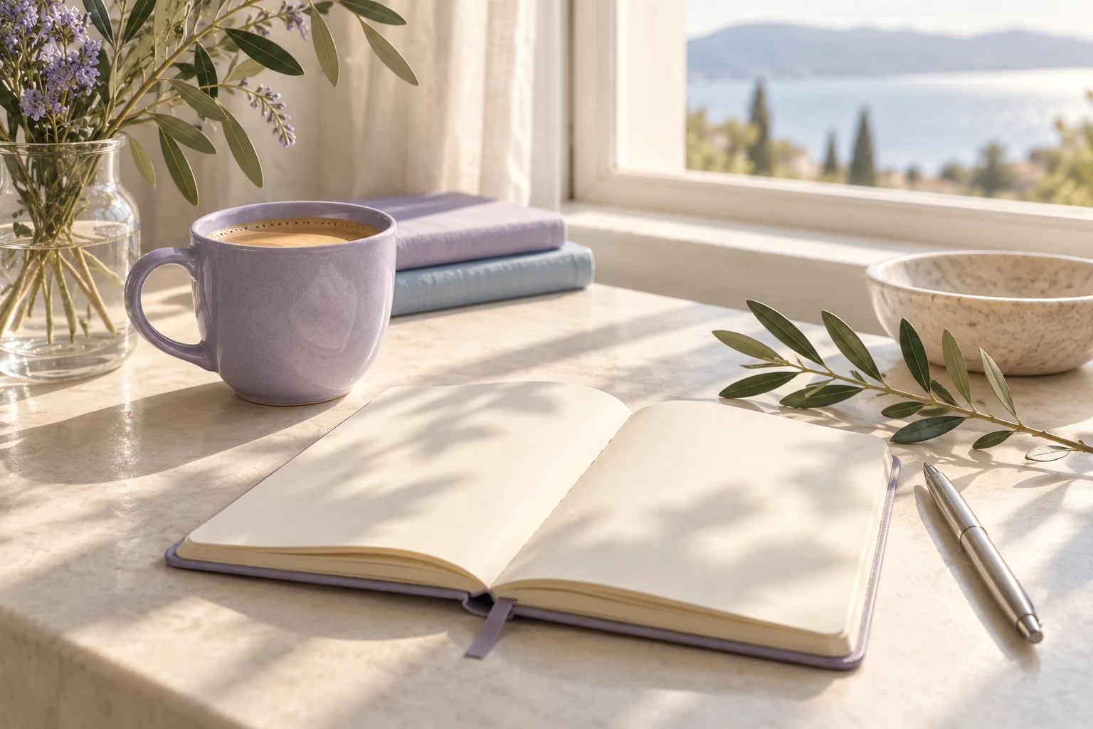 A lavender coffee cup and open notebook in soft morning light
